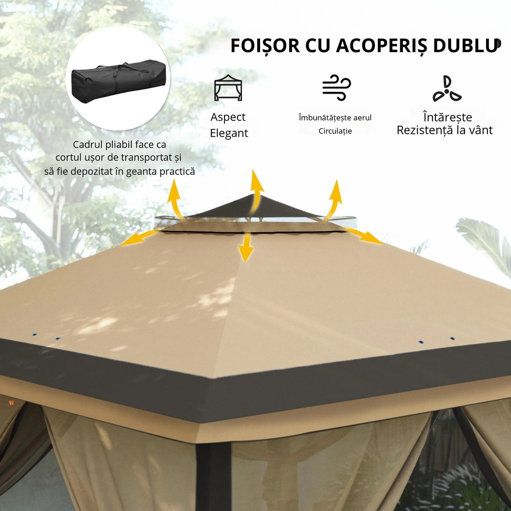 Outsunny Foișor Pliabil cu Plasă de Tânțari, Baldachin Dublu, Înălțime Reglabilă și Geantă de Transport, 330x330x288 cm, Bej | Aosom Romania