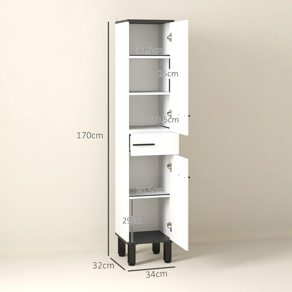 HOMCOM Dulap Înalt de Baie cu Sertar 2 Uși și Rafturi Ajustabile Mobilier Auxiliar de Baie Antirăsturnare 34x32x170 cm Alb | Aosom Romania