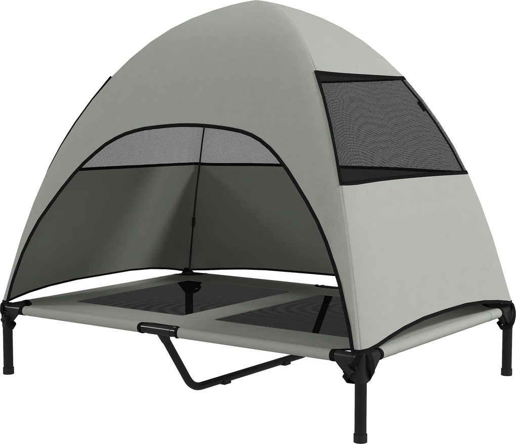 PawHut Pat pentru câini exterior cu acoperiș, pat ridicat pentru câini mari, 106 x 76 x 99 cm, Gri deschis | Aosom Romania