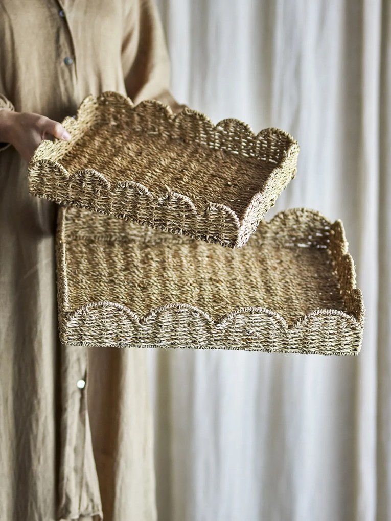 Set 2 tăvi de servire din iarbă de mare împletită, natur, cu margine ondulată, 35x24x7 cm și 45x35x8 cm, „Brea"