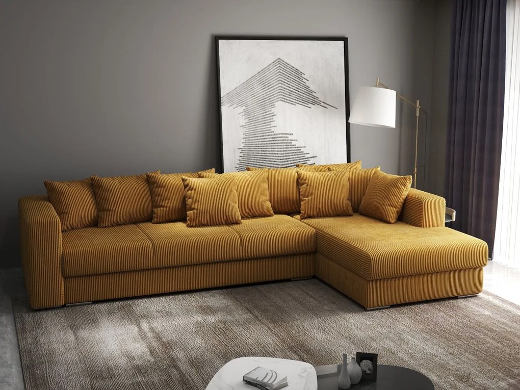 Colțar extensibil dumonde cu ladă de depozitare si sezut confortabil din spuma high-density, Gloria Zoom Mustar II 320x183 cm