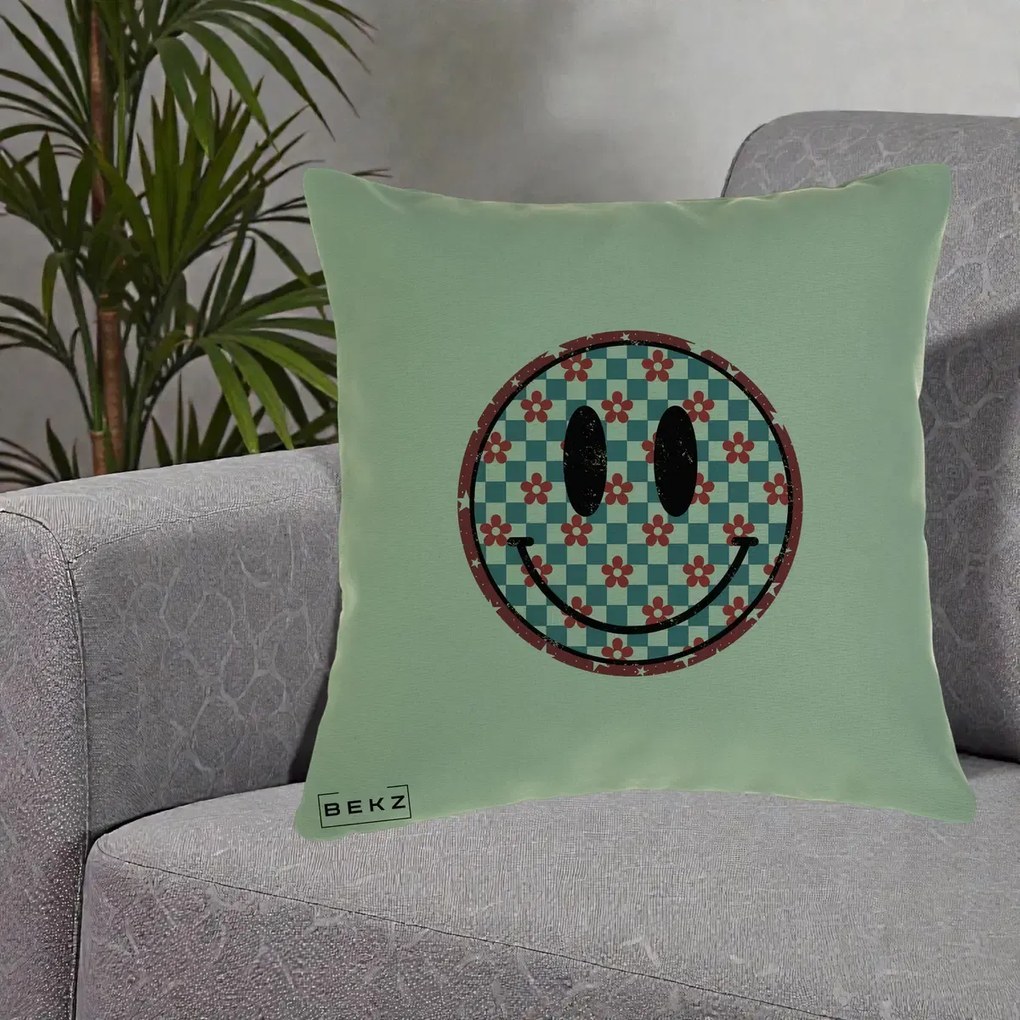 Perna Decorativa Smiley Face Checkered cu Floricele, 40x40 cm, Verde, Husa Detasabila, Perna Inclusa, BEKZ®