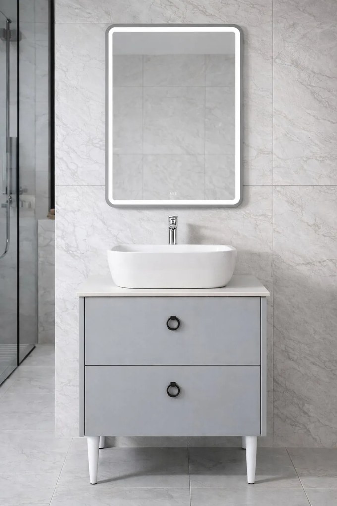 Mobilier Siena BC2451 60 cm, gri prafuit, oglinda cu LED, lavoar ceramic, blat compozit inclus, MDF total
