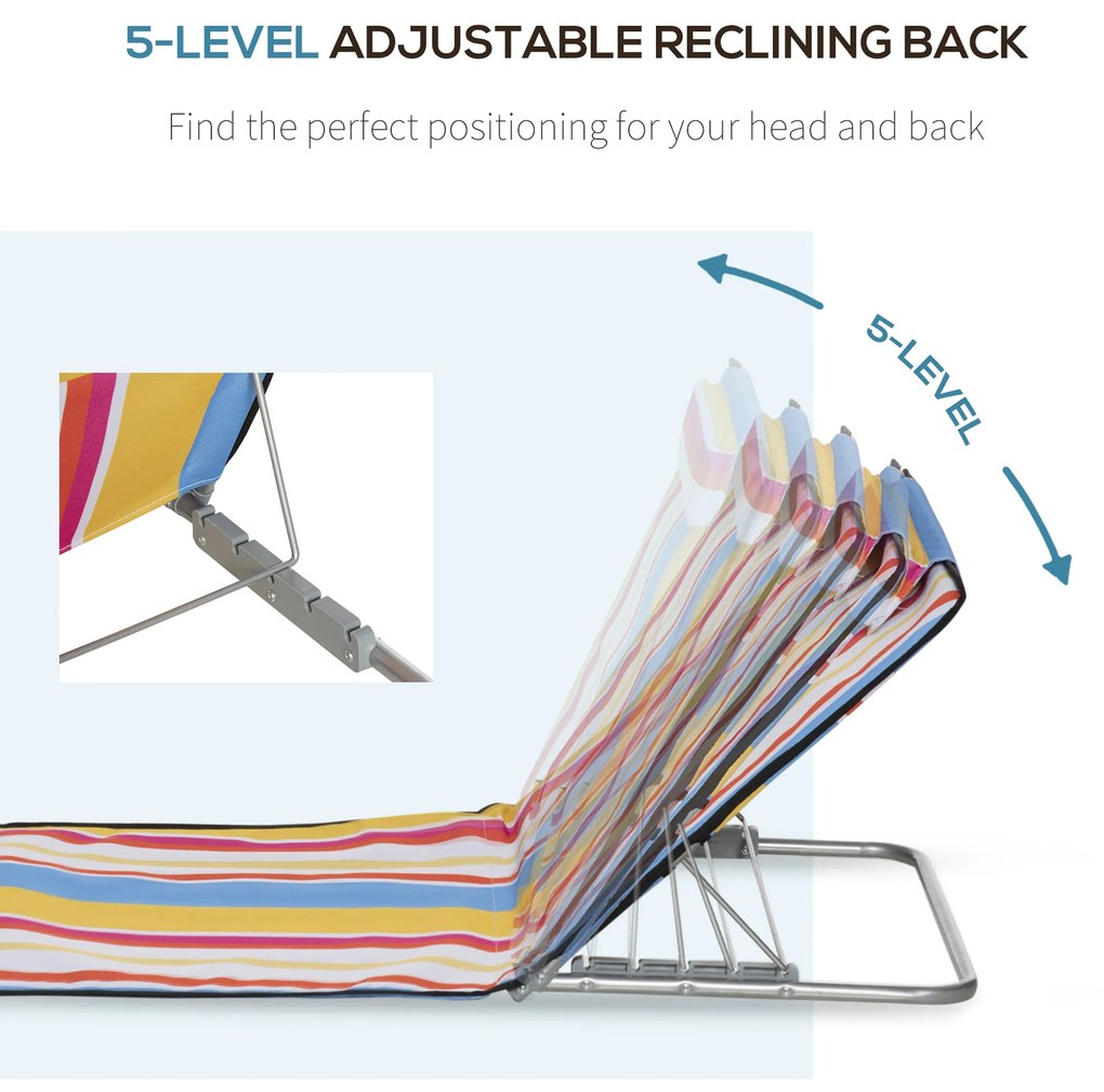 Outsunny Set 2 Șezlonguri de Plajă cu Spătar Reglabil pe 5 Niveluri, Tetieră și Geantă de Transport, 124x53x35-45 cm, Multicolor | Aosom Romania