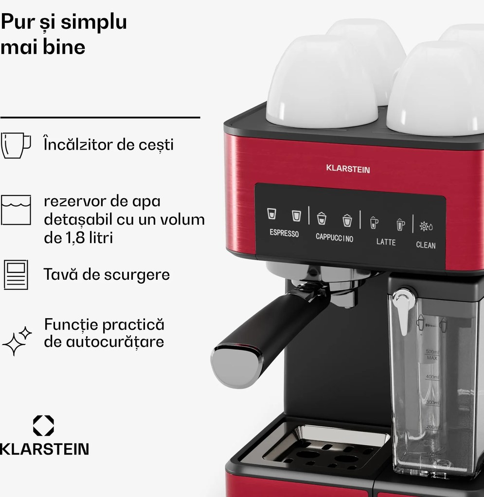 Klarstein 1,8 l aparat de cafea cu spumă de lapte, aparat de cafea 20 bar, mașină de cafea măcinată mică cu 1350 W, mașină de cafea barista pentru cappuccino latte espresso cu gheață