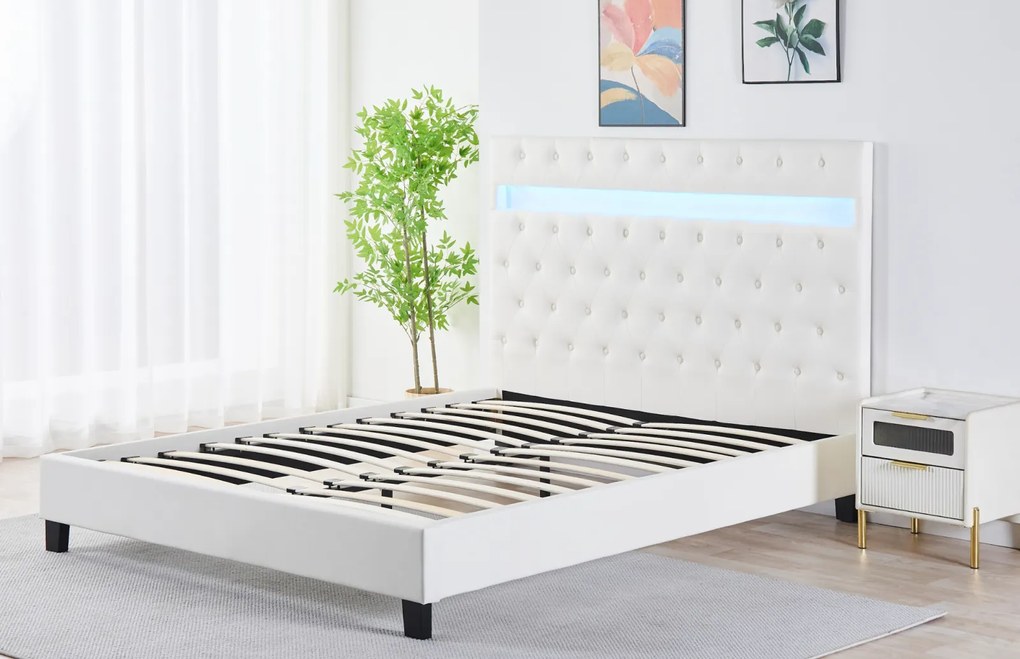 Pat Tapitat Catifea cu Iluminare LED, Somiera si Saltea Inclusa ,   Alb 160x200 cm   Cod FB-18
