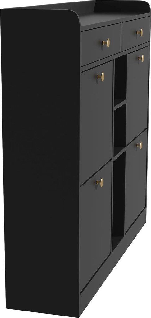 Dulap pentru pantofi cu 4 uși rabatabile, 2 sertare și 3 compartimente deschise, 110x26x100 cm, Negru