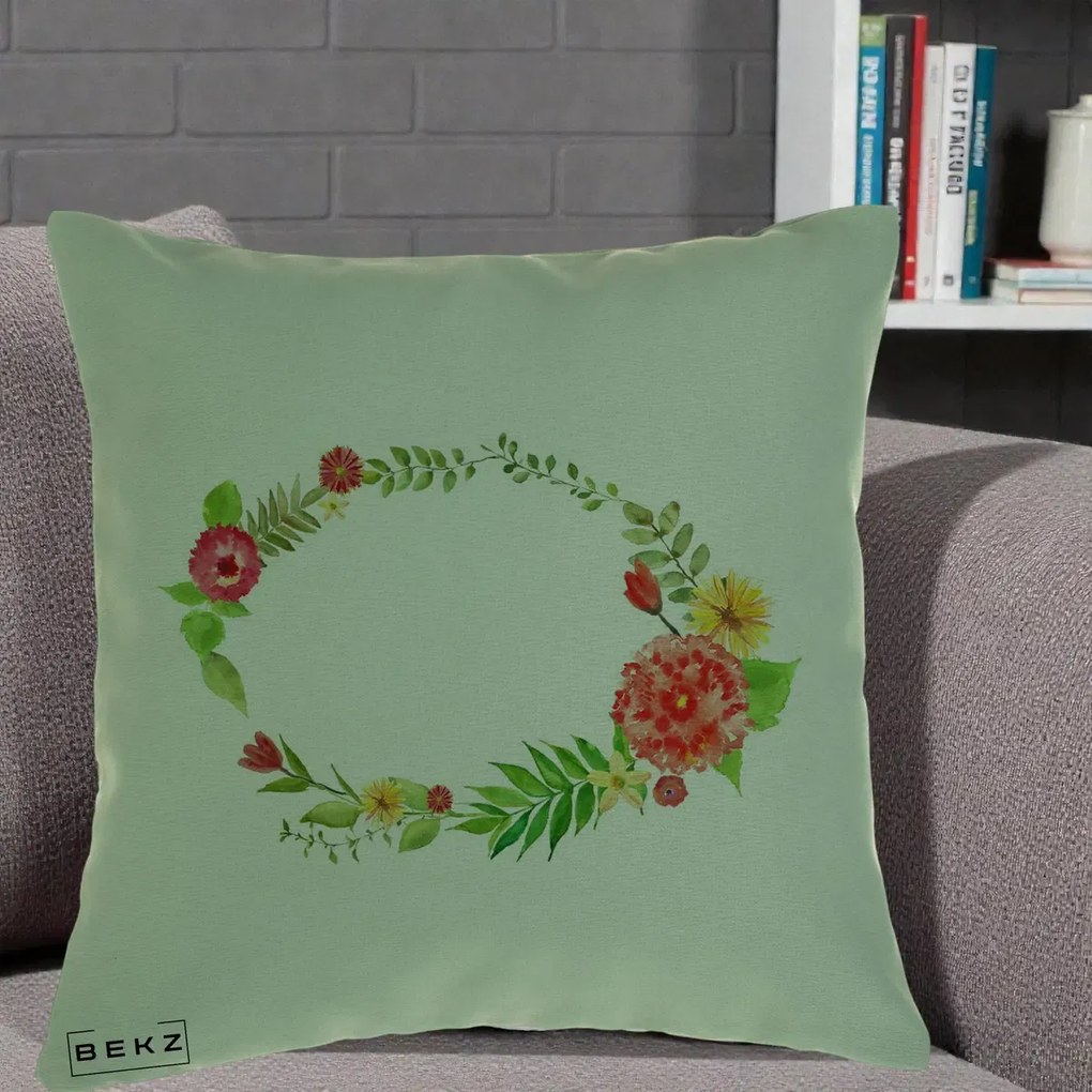 Perna Decorativa Coroana Florala Acuarela, 40x40 cm, Verde, Husa Detasabila, Perna Inclusa, BEKZ®