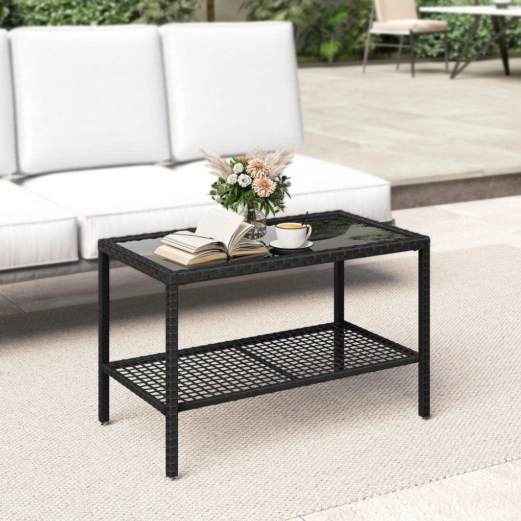 Outsunny Măsuță de Cafea din Ratan pe 2 Niveluri cu Raft, Blat din Sticlă Securizată, Măsuță de Exterior cu Cadru din Oțel, 92x50x45 cm, Negru | Aosom Romania