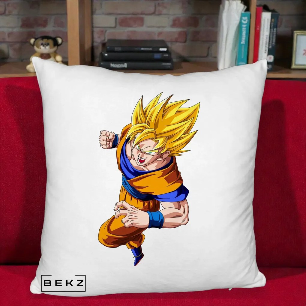 Perna Personalizata Dragon Ball Goku Super Saiyan 2 Lupta, 40x40 cm, Alb Pufos, Husa Detasabila, Perna Inclusa, BEKZ®