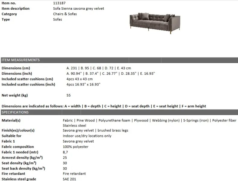 Canapea eleganta design LUX Sienna, catifea gri 113187 HZ