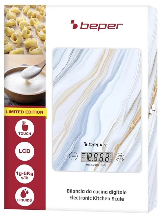 Cantar de bucatarie Beper P102BIL001, Pana la 5 kg, Afișaj LCD, Alimente solide si lichide, Control tactil, Sticla, Marmura