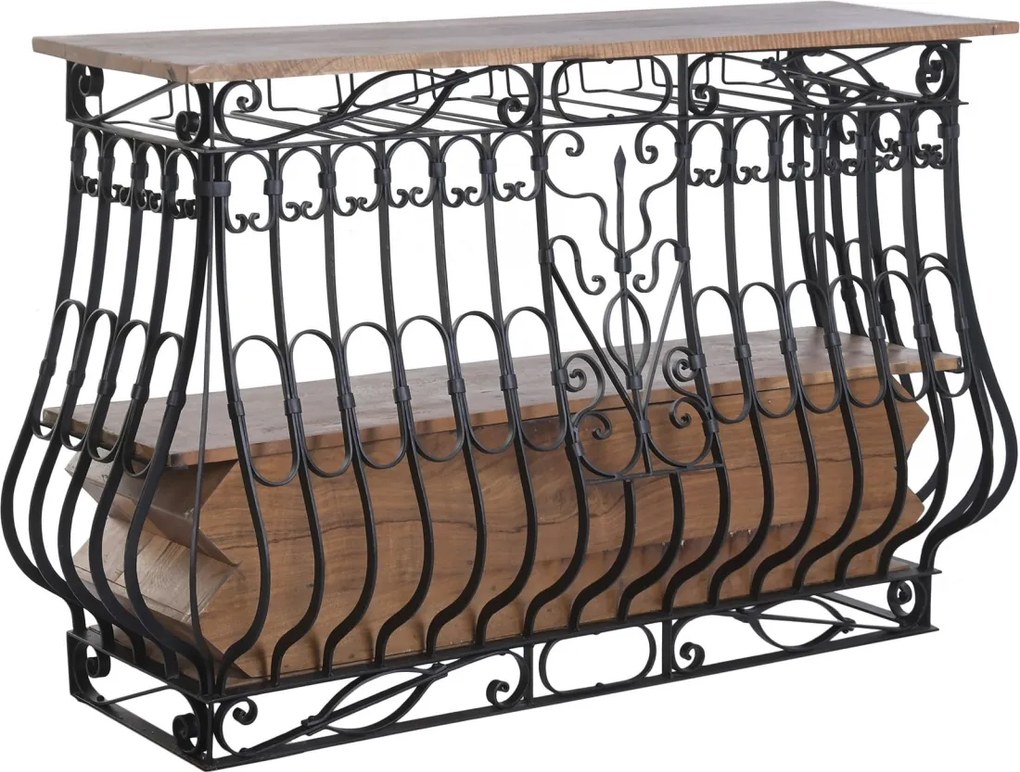 Bar din metal negru și lemn masiv, cu blat natur și rafturi, finisaj vopsit, 97 x 144 x 42 cm, „Périgord”
