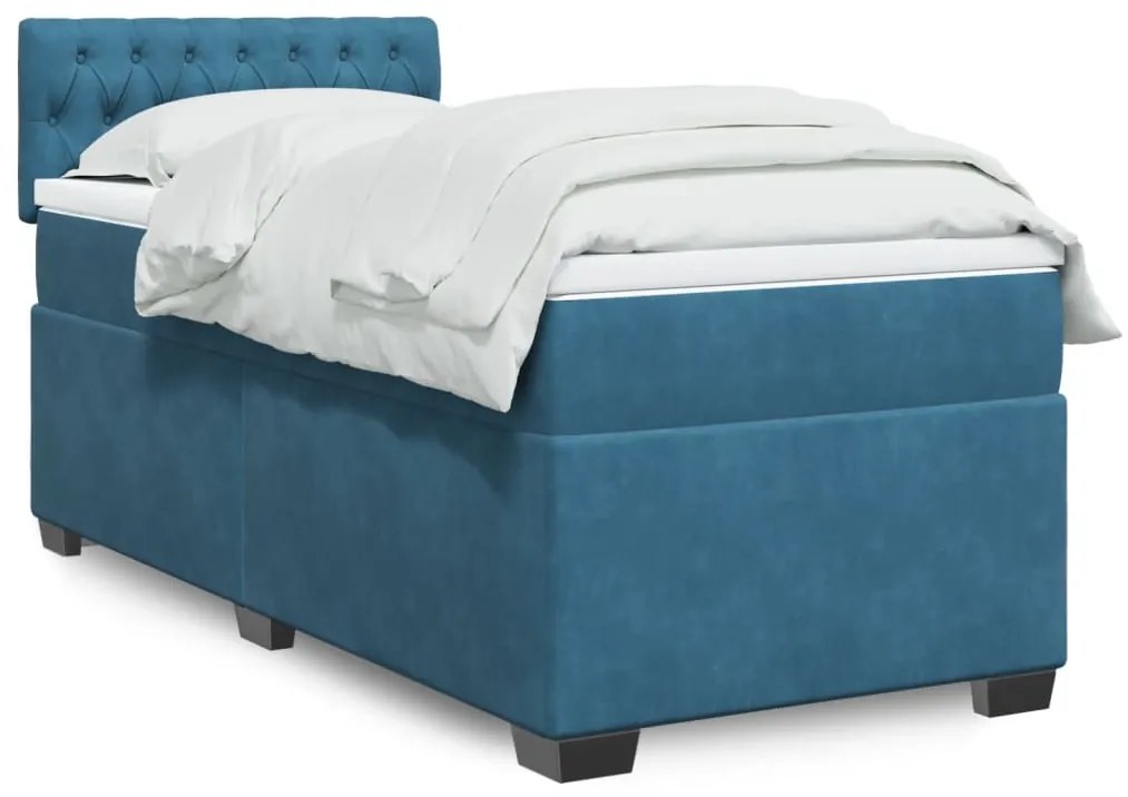 vidaXL Pat box spring cu saltea, albastru, 90x190 cm, catifea