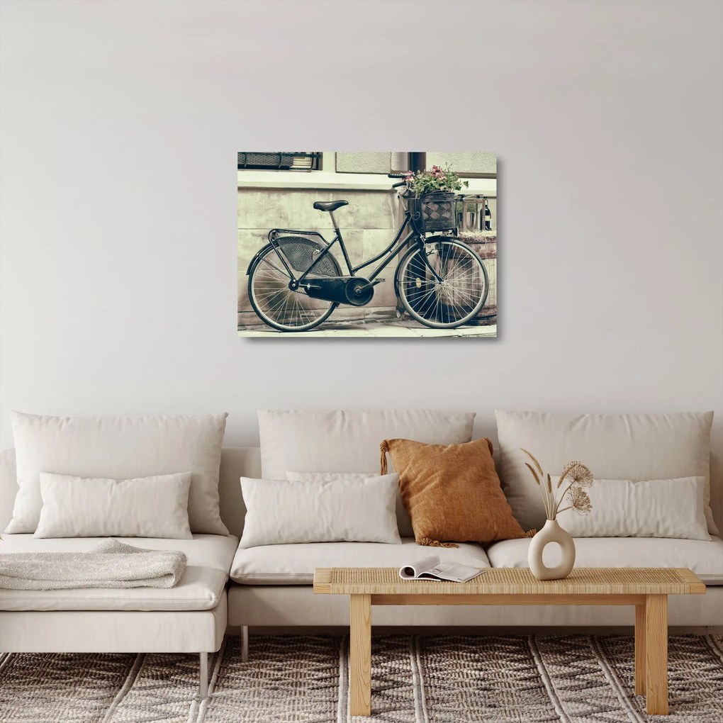 Tablou pe sticlă - Bicicleta de epocă cu flori (70x50 cm)