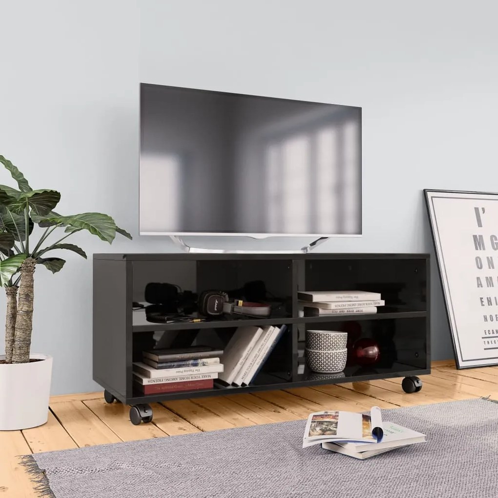 800187 vidaXL Comodă TV cu rotile, negru extralucios, 90x35x35, PAL