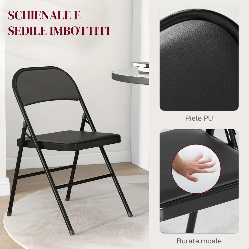 HOMCOM Set de 2 Scaune Pliabile Metalice, Tapițate cu Piele Ecologică PU, pentru Interior, cu Șezut Confortabil și Spătar Deschis | Aosom Romania