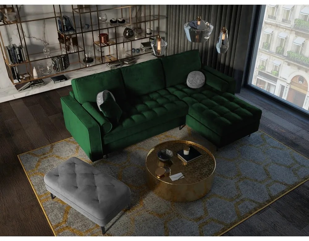 Colțar extensibil din catifea cu șezlong dreapta Milo Casa Santo, verde