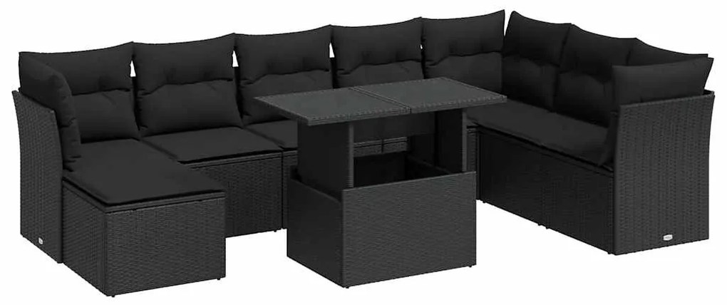 3326206 vidaXL Set mobilier de grădină cu perne, 9 piese, negru, poliratan