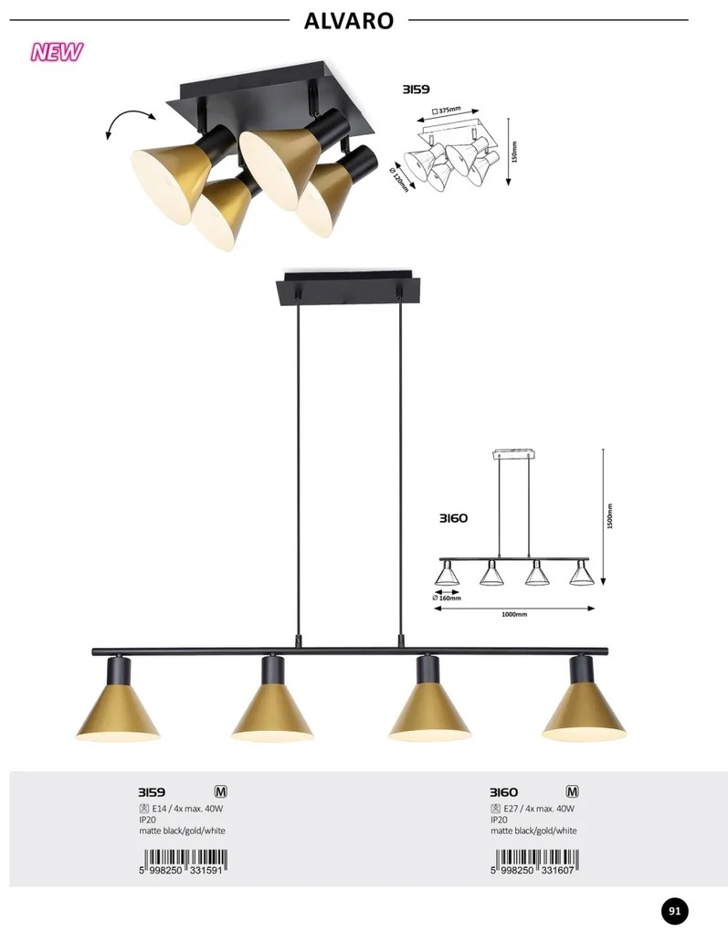 Lustra suspendata 4L design modern Alvaro negru, auriu