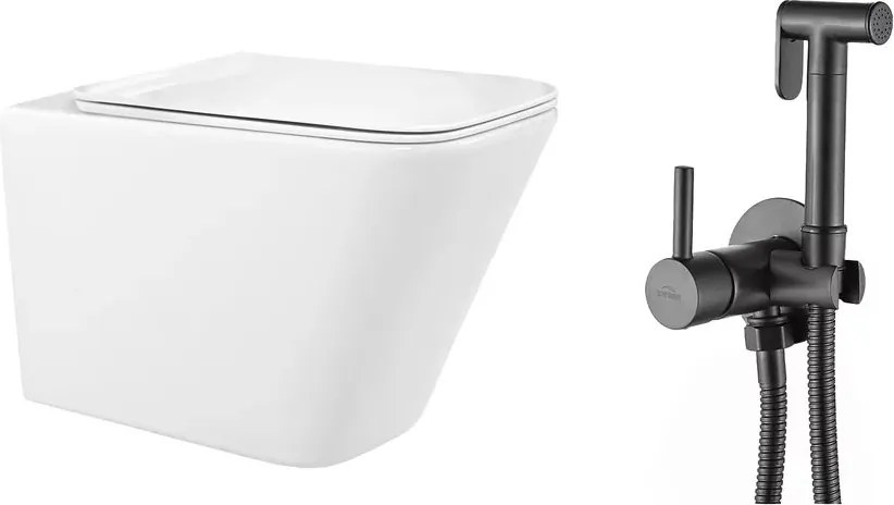 Pachet vas wc suspendat Rea, capac softclose si set dus igiena intima negru cu baterie incastrata Invena Bidetta