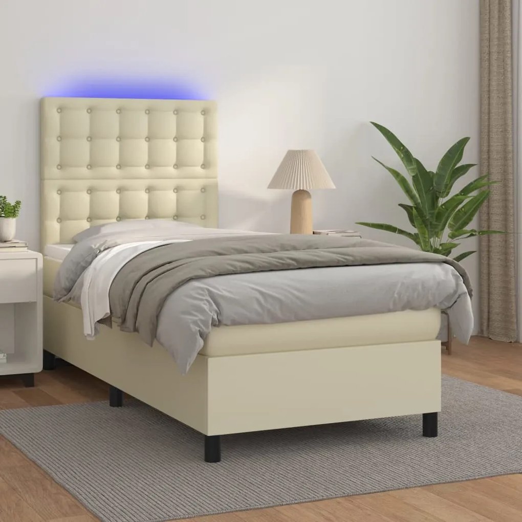 3135929 vidaXL Pat cu arcuri, saltea și LED, crem, 100x200 cm, piele ecologică