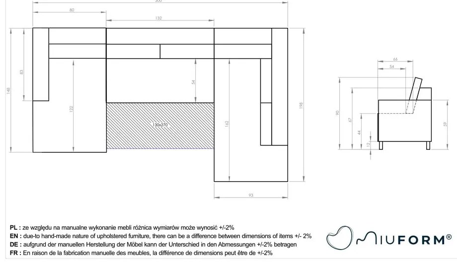 Canapea extensibilă din catifea în formă de „U” cu șezlong pe partea dreaptă Miuform Stylish Stan, roz