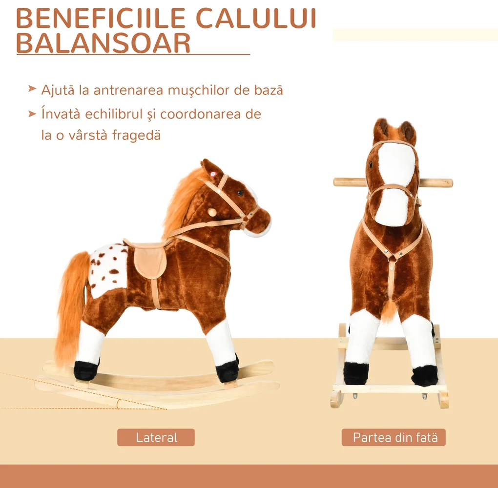 HOMCOM Căluț Balansoar din Lemn pentru Copii 3-6 Ani cu Sunet de Animal și Șa, 74x28x65 cm, Maro | Aosom Romania