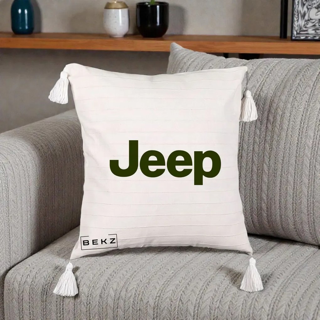 Perna Personalizata cu emblema Jeep, 40x40 cm, Bej cu Franjuri, Husa Detasabila, Perna Inclusa, BEKZ®