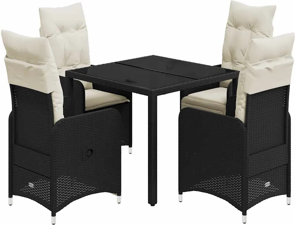 vidaXL Set bistro de grădină cu perne, 5 piese, negru, poliratan