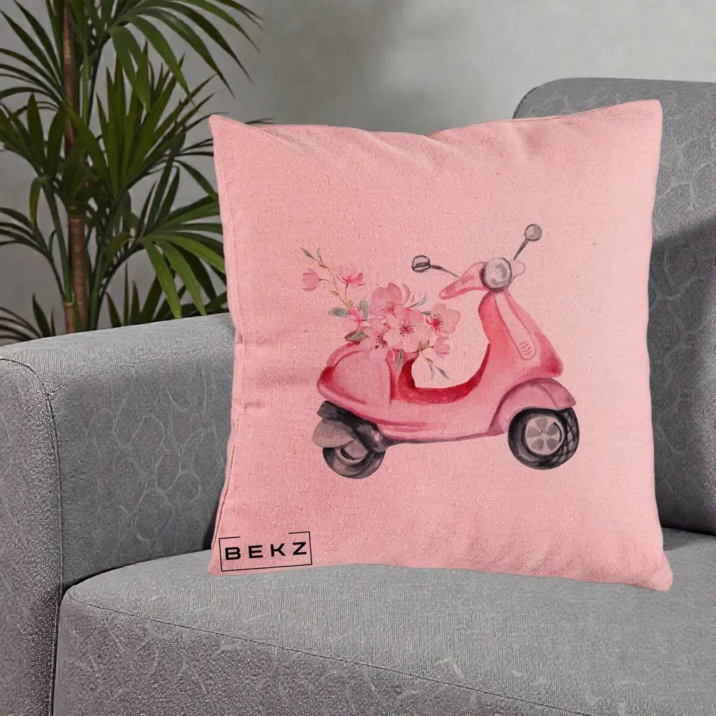 Perna Decorativa Scuter Roz cu Flori Acuarela, 40x40 cm, Roz, Husa Detasabila, Perna Inclusa, BEKZ®