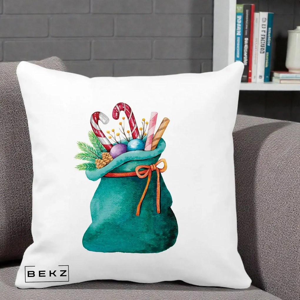 Perna Decorativa Saculet Cadouri Mos Craciun Acuarela Verde, 40x40 cm, Alba Mata, Husa Detasabila, Perna Inclusa, BEKZ®