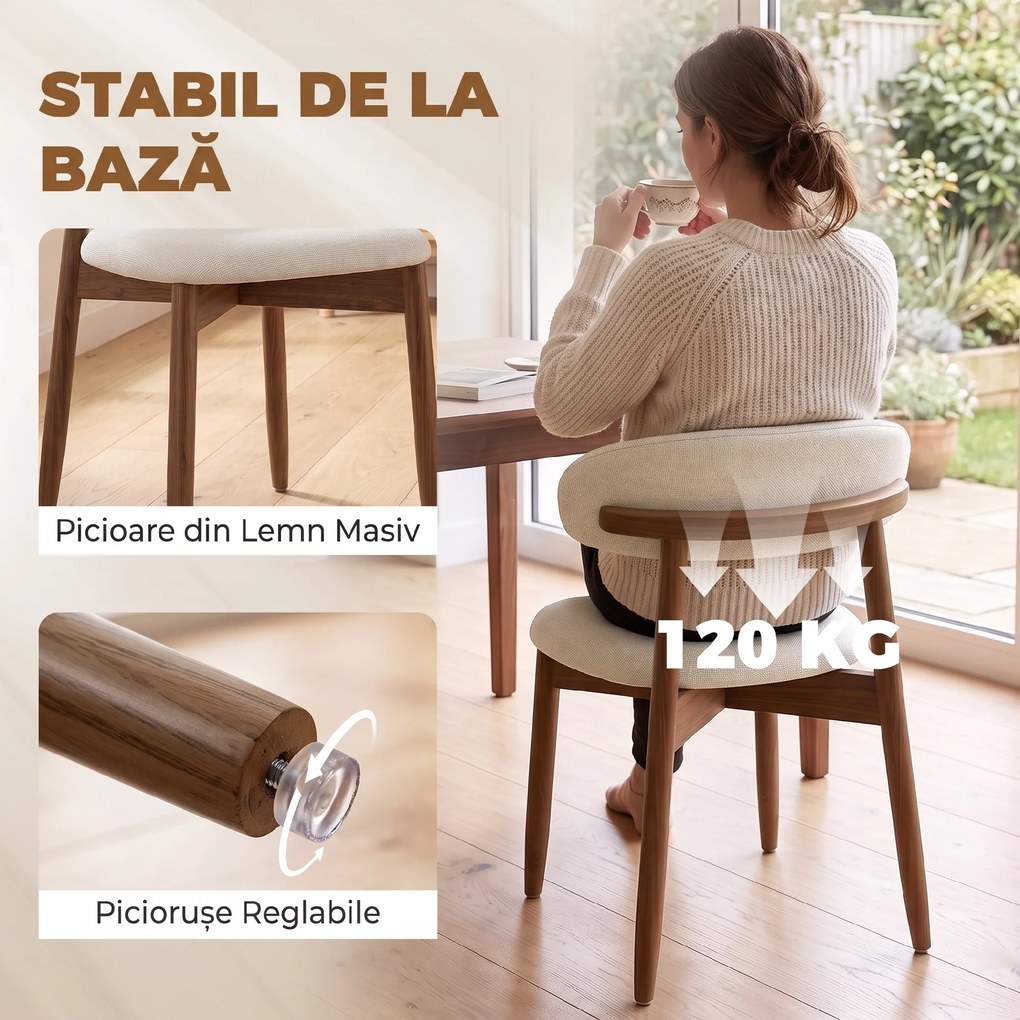 HOMCOM Set 2 scaune de dining moderne, cu spătar curbat, alb crem | Aosom Romania