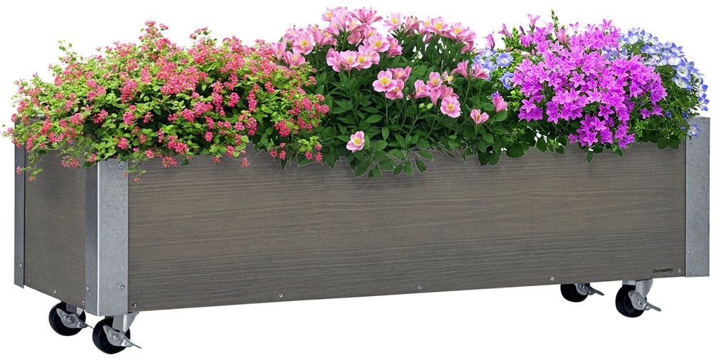 Outsunny Strat Înălțat de Grădină cu Roți, Frână și Strat din Nețesut cu Orificii de Drenaj, 96x30.6x30 cm, Gri Deschis | Aosom Romania