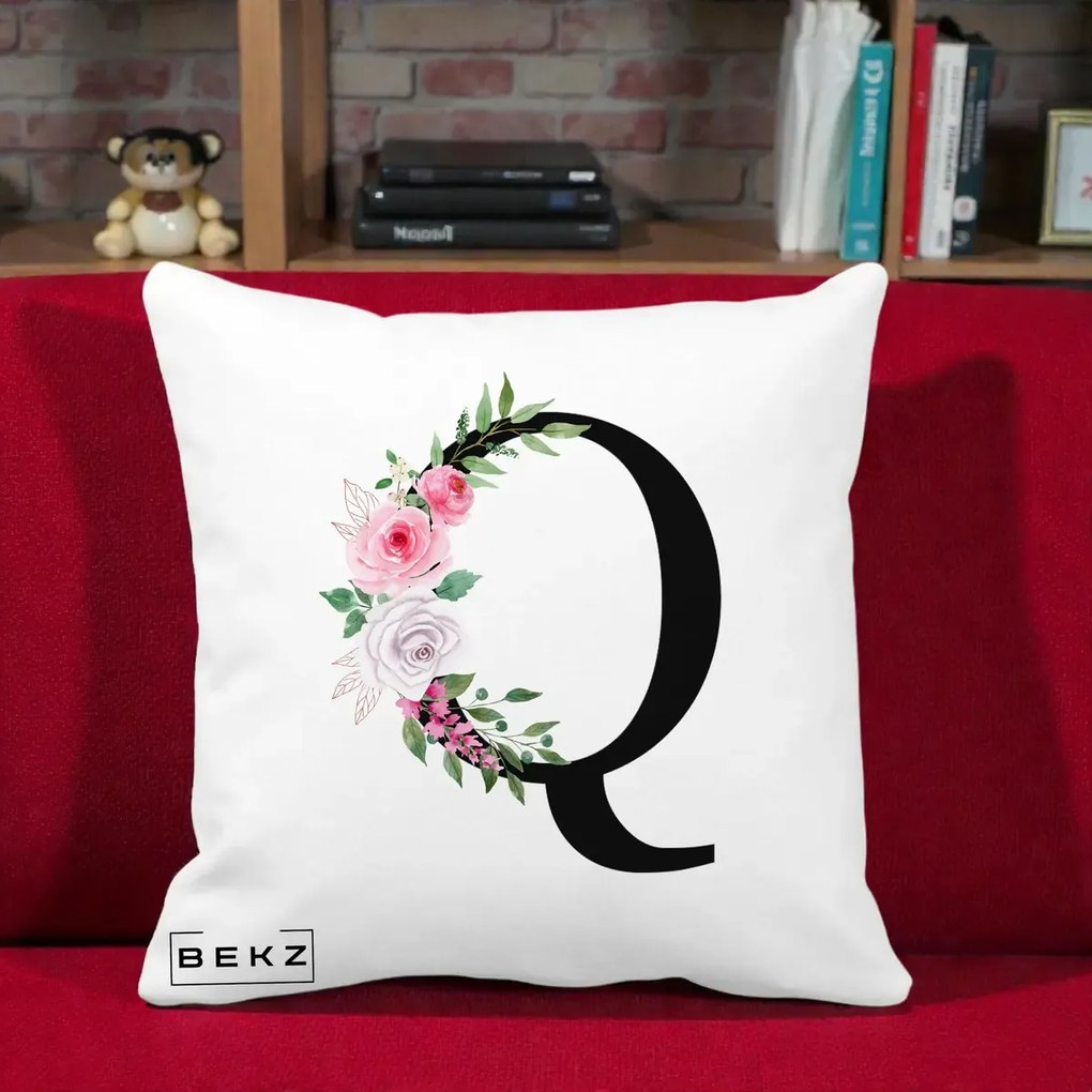 Cadou Personalizat - Perna Personalizata Monograma Florala Litera Q, 40x40 cm, Alba Mata, Husa Detasabila, Perna Inclusa, BEKZ®