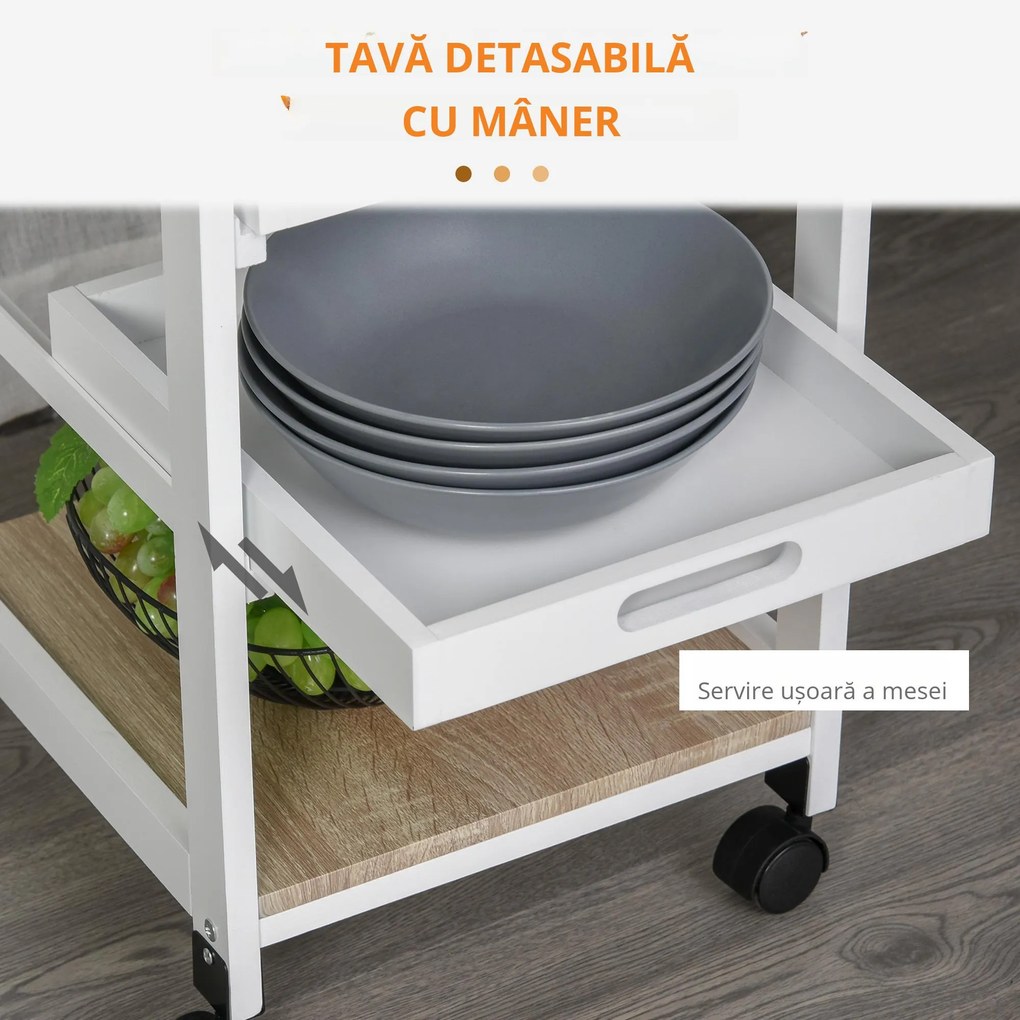 HOMCOM Carucior Bucatarie 4 Roti Sertar Cos Sarmă Tavite Detasabile Etajera Lemn Pin 37x37x82cm Alb | Aosom Romania