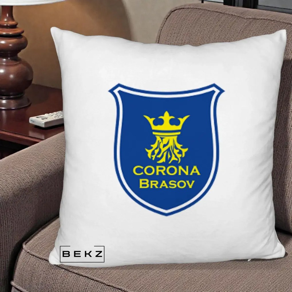 Perna Personalizata Corona Brasov Fotbal, 40x40 cm, Alb Pufos, Husa Detasabila, Perna Inclusa, BEKZ®