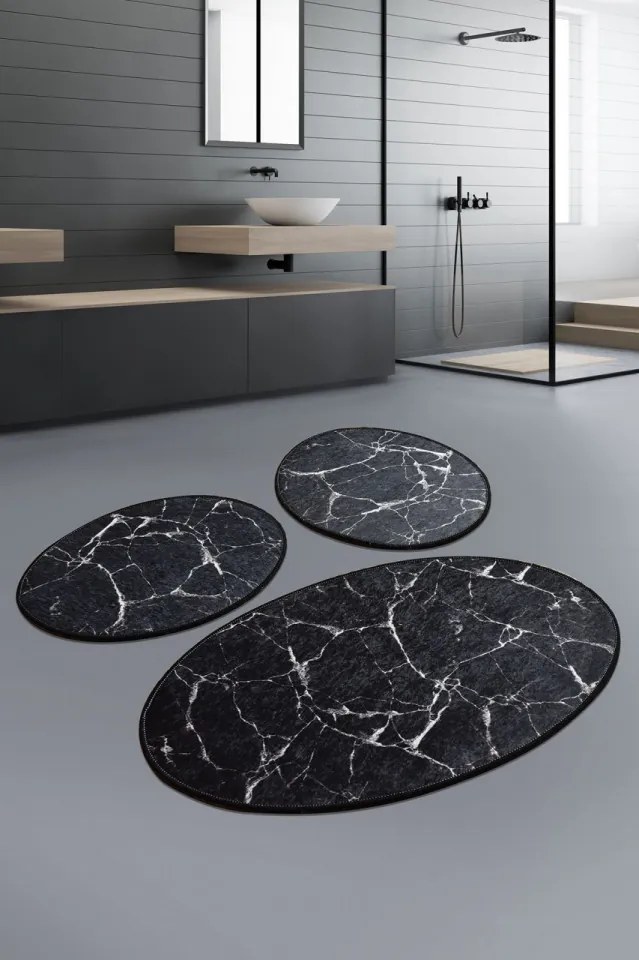 Set 3 Covorase de Baie Marble, Catifea, Negru