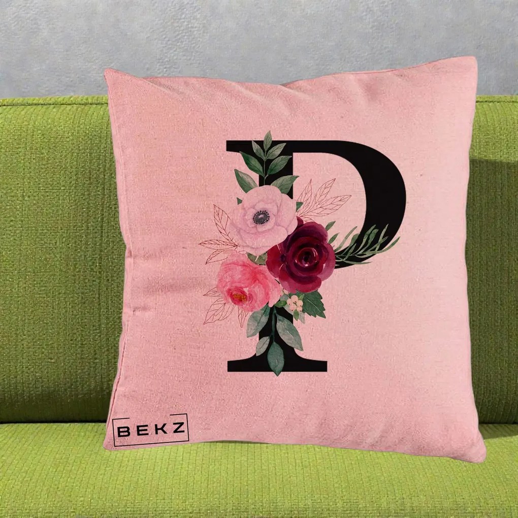 Cadou Personalizat - Perna Personalizata Monograma Florala Litera P, 40x40 cm, Roz, Husa Detasabila, Perna Inclusa, BEKZ®
