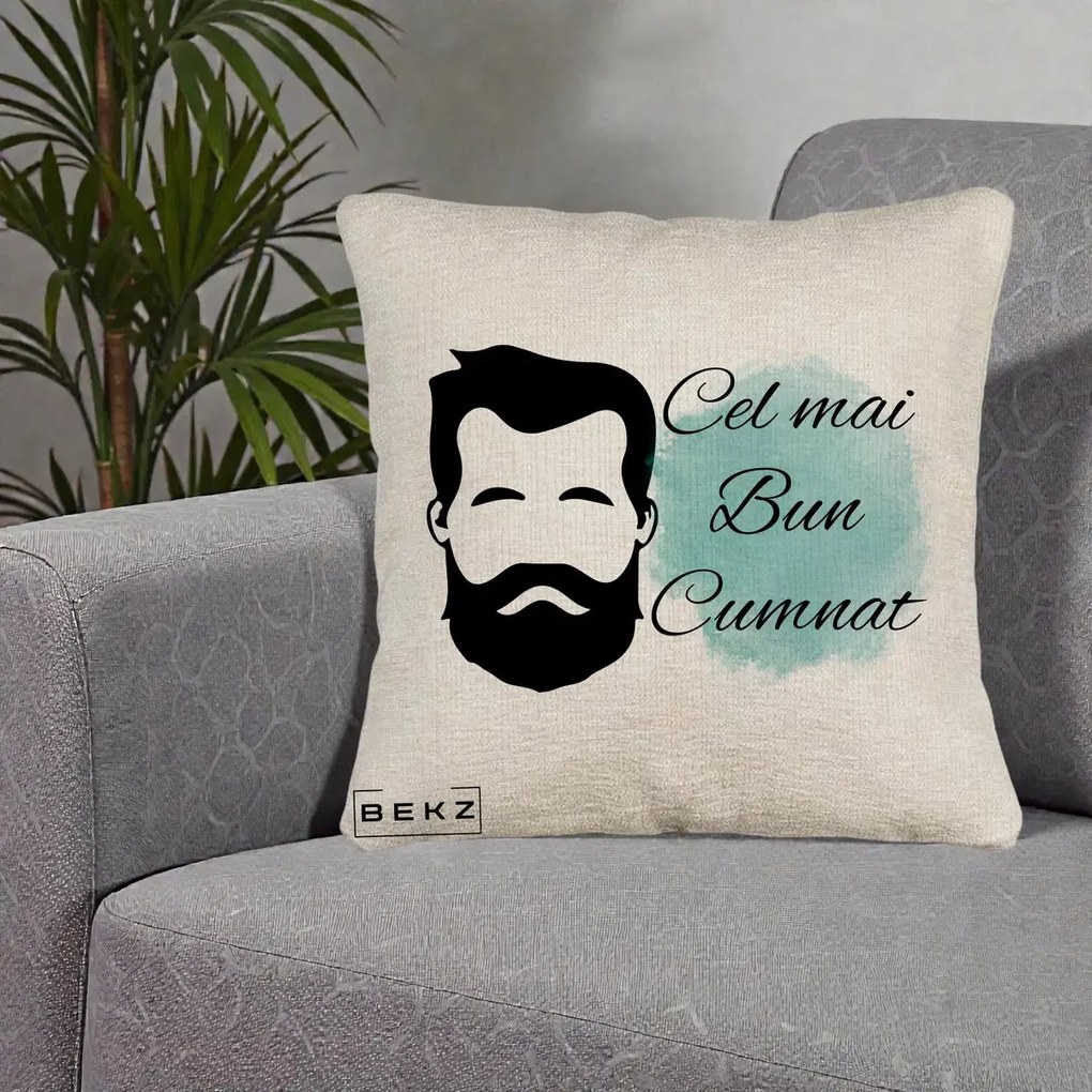 Cadou pentru Cumnat - Perna Personalizata Cel mai Bun Cumnat cu Portret Barbat si Pete Teal, 40x40 cm, Bej Canapea, Husa Detasabila, Perna Inclusa, BEKZ®