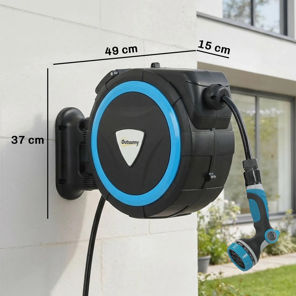 Outsunny Derulator Furtun Udare Montat pe Perete 14+1,5 m cu Blocare și Adaptoare, Rotativ 180°, 12 Moduri, 49x15x37cm, Albastru | Aosom Romania