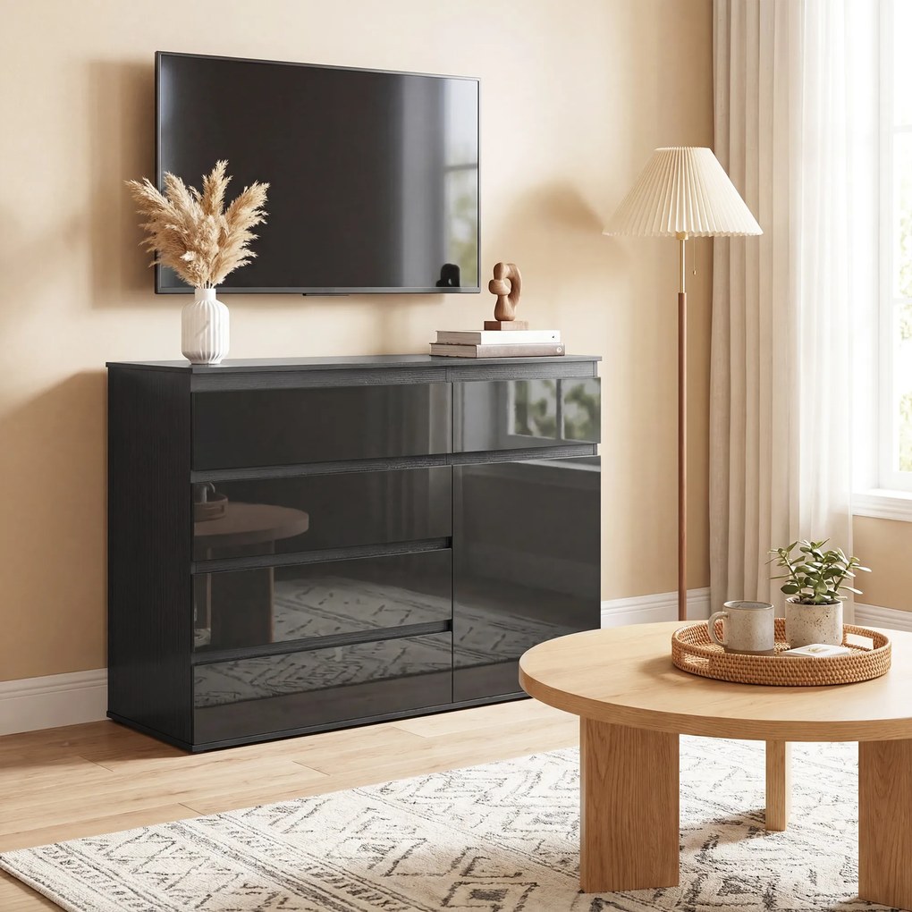HOMCOM Sideboard modern, sideboard de depozitare cu 5 sertare, raft reglabil, ușă Soft-Close, negru lucios | Aosom Romania