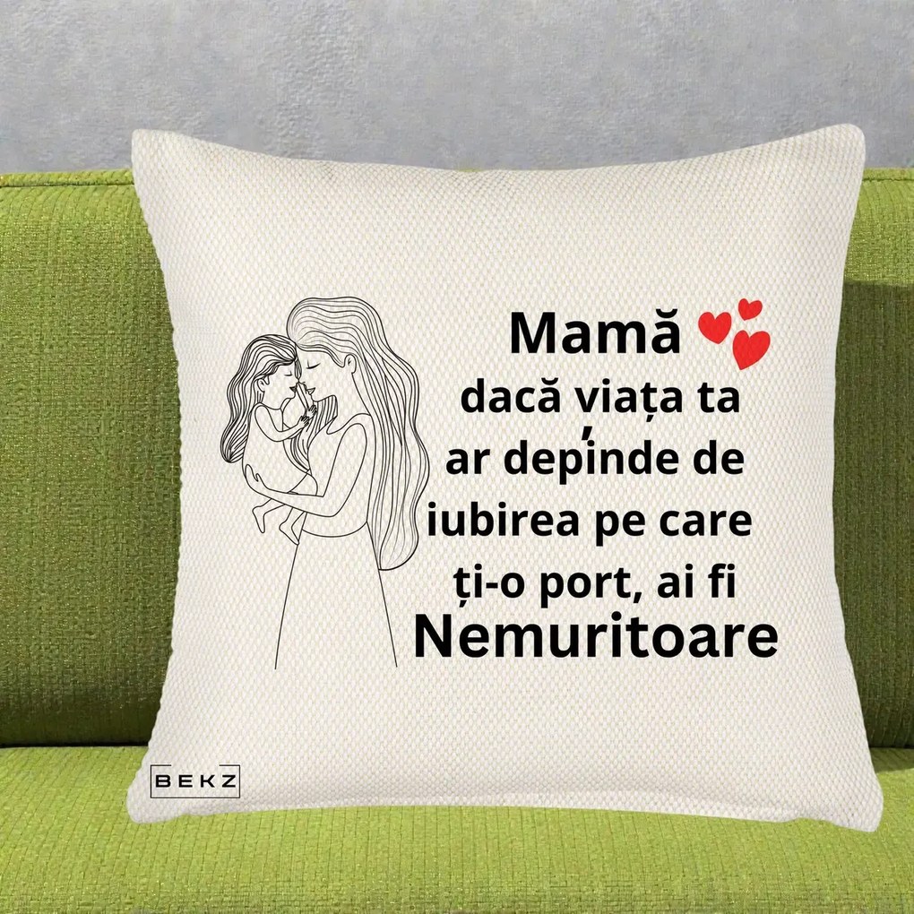 Cadou pentru Mama - Perna Personalizata Mama Nemuritoare cu Copilul in Poala, 40x40 cm, Crem Reliefat, Husa Detasabila, Perna Inclusa, BEKZ®