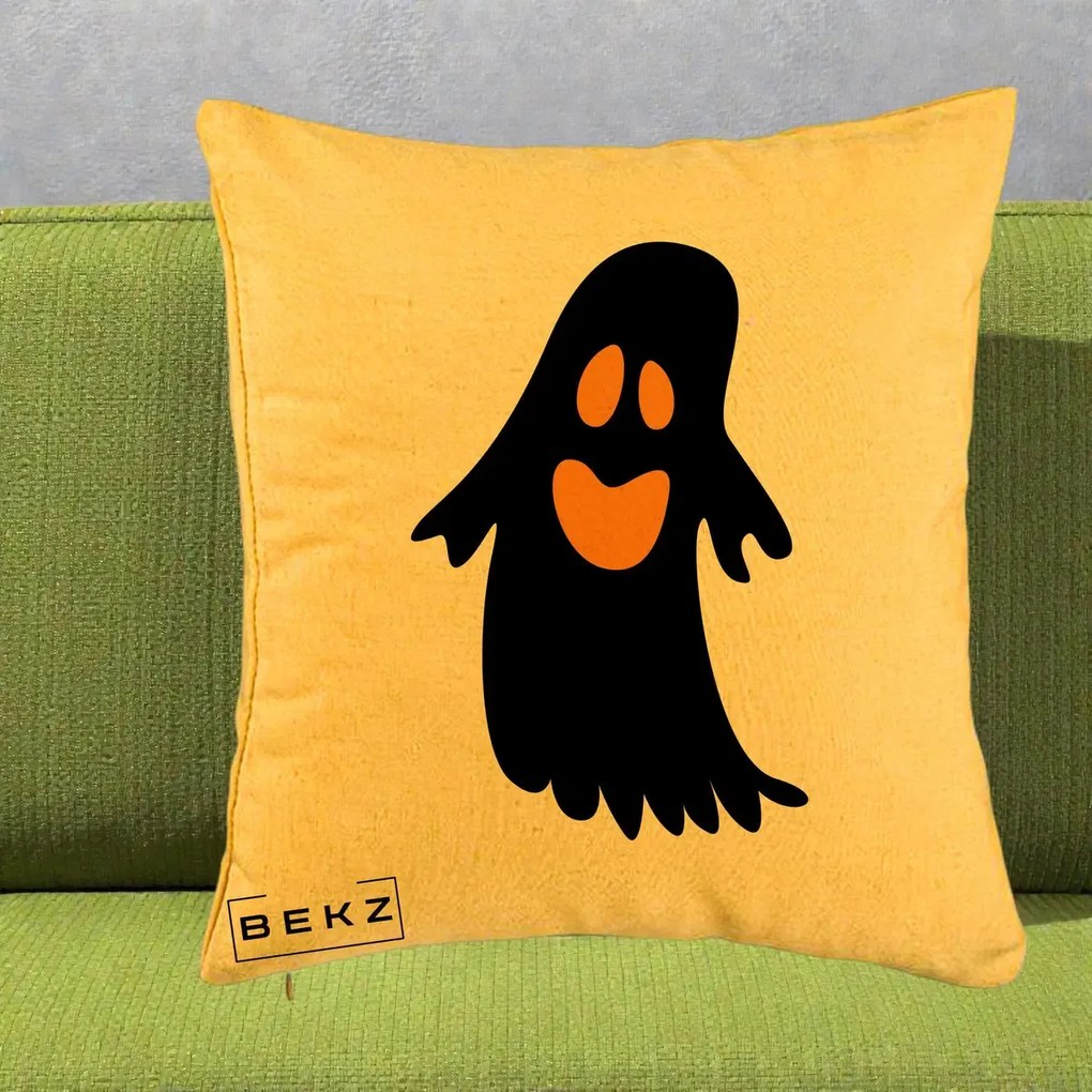 Perna Decorativa Halloween Fantoma Neagra cu Ochi Portocalii, 40x40 cm, Galben, Husa Detasabila, Perna Inclusa, BEKZ®