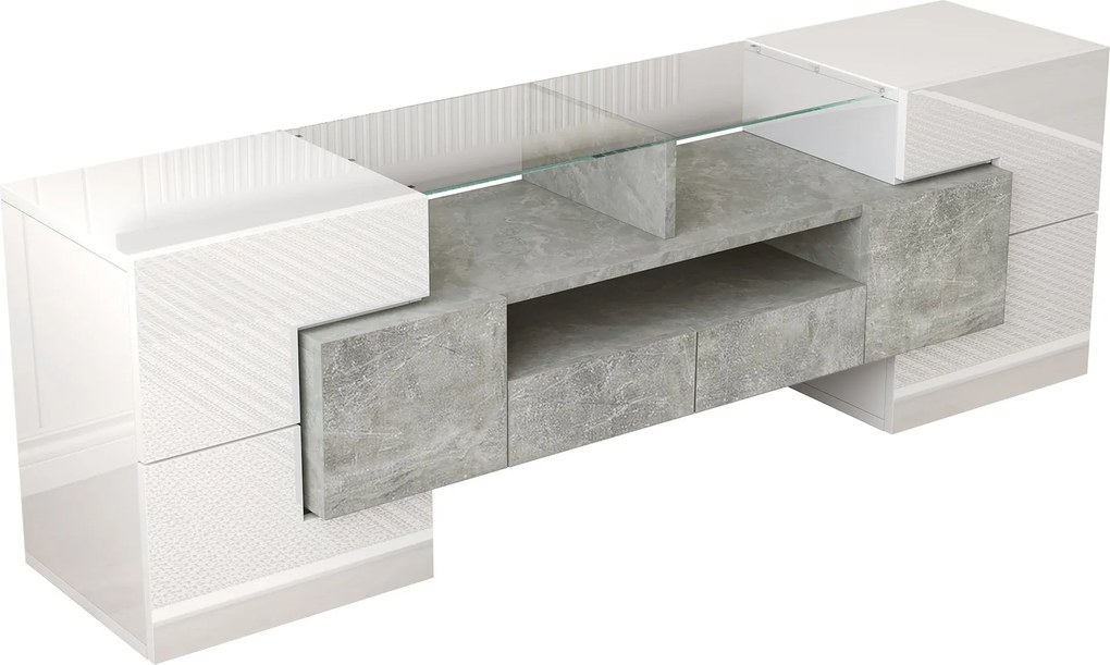 Dulap TV cu iluminare LED, suprafețe din sticlă, cu 6 uși, 2 sertare și 3 compartimente, 145x30x51 cm, Alb+Gri
