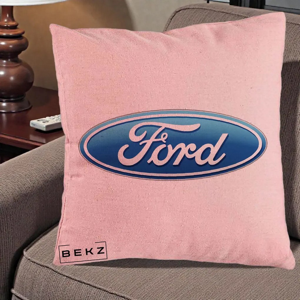 Perna Personalizata cu emblema Ford, 40x40 cm, Roz, Husa Detasabila, Perna Inclusa, BEKZ®