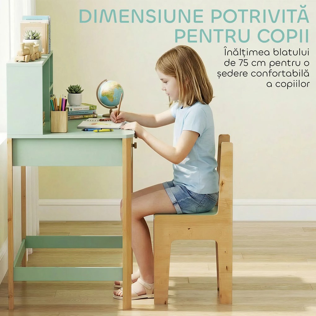 AIYAPLAY Birou pentru Copii cu 3 Compartimente și 2 Sertare, Birou din Lemn cu Spații pentru Cărți și Jucării, Banc de Școală pentru Studiu și Desen pentru Copii 5-12 Ani, Verde | Aosom Romania