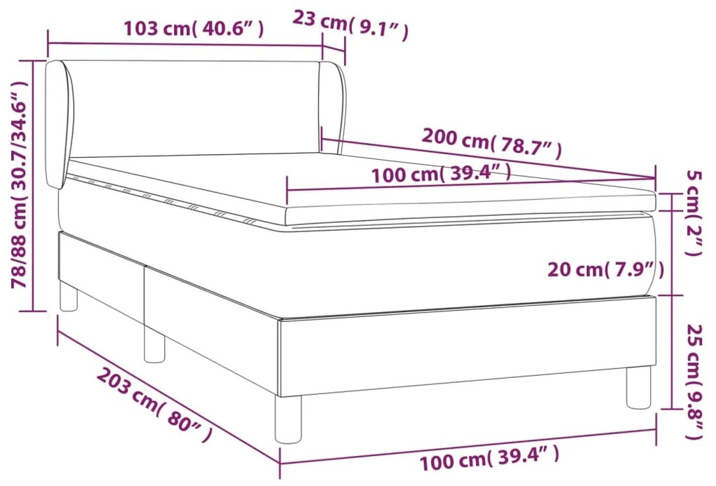 Pat box spring cu saltea, alb, 100x200 cm, piele ecologica Alb, 100 x 200 cm, Design simplu