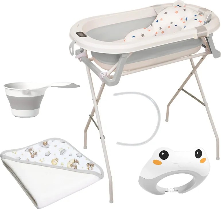 Set pentru baita bebelusului 5 in 1 Kidizi Folda Plus, culoare gri, include cadita pliabila cu termometru, dop si furtun, hamac ajustabil, stand pliabil, cana clatire pliabila, viziera ajustabila si prosop