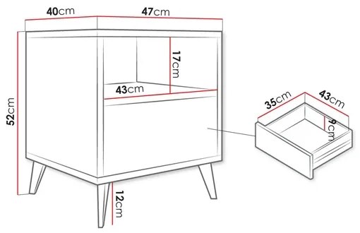 Noptieră OVESSI 52x47 cm negru/stejar artisan